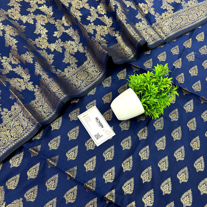 Navy Blue Xmas Tree Satin Silk Banarasi Suit