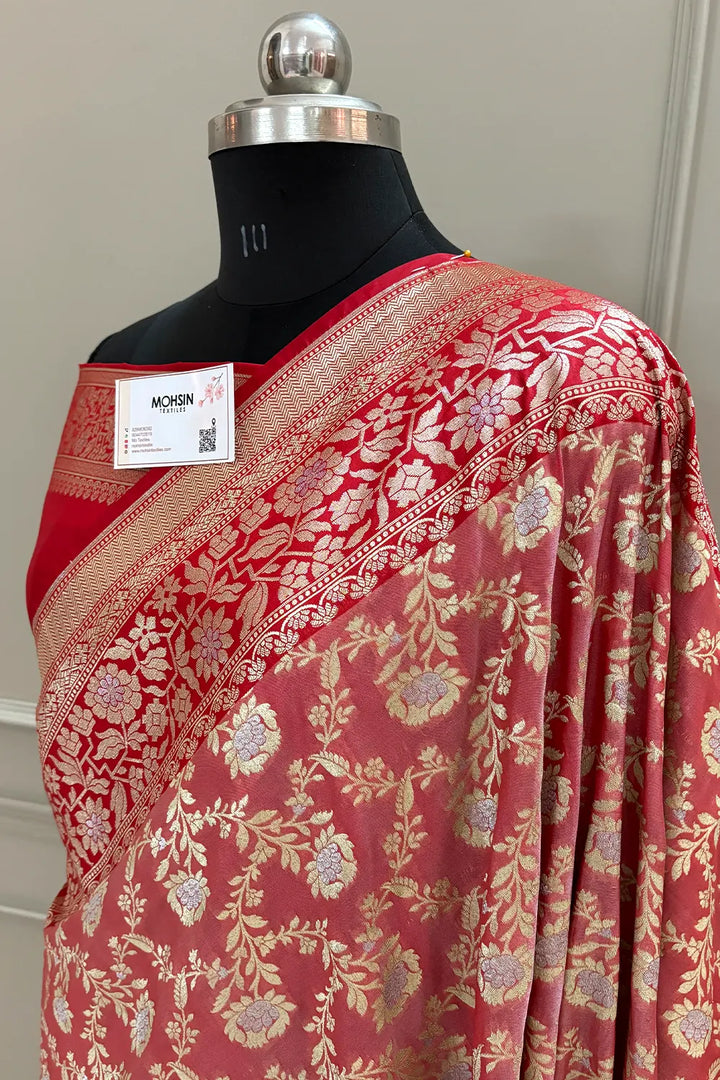 Peach and Red Maharani Jaal Crepe Silk Banarasi Saree