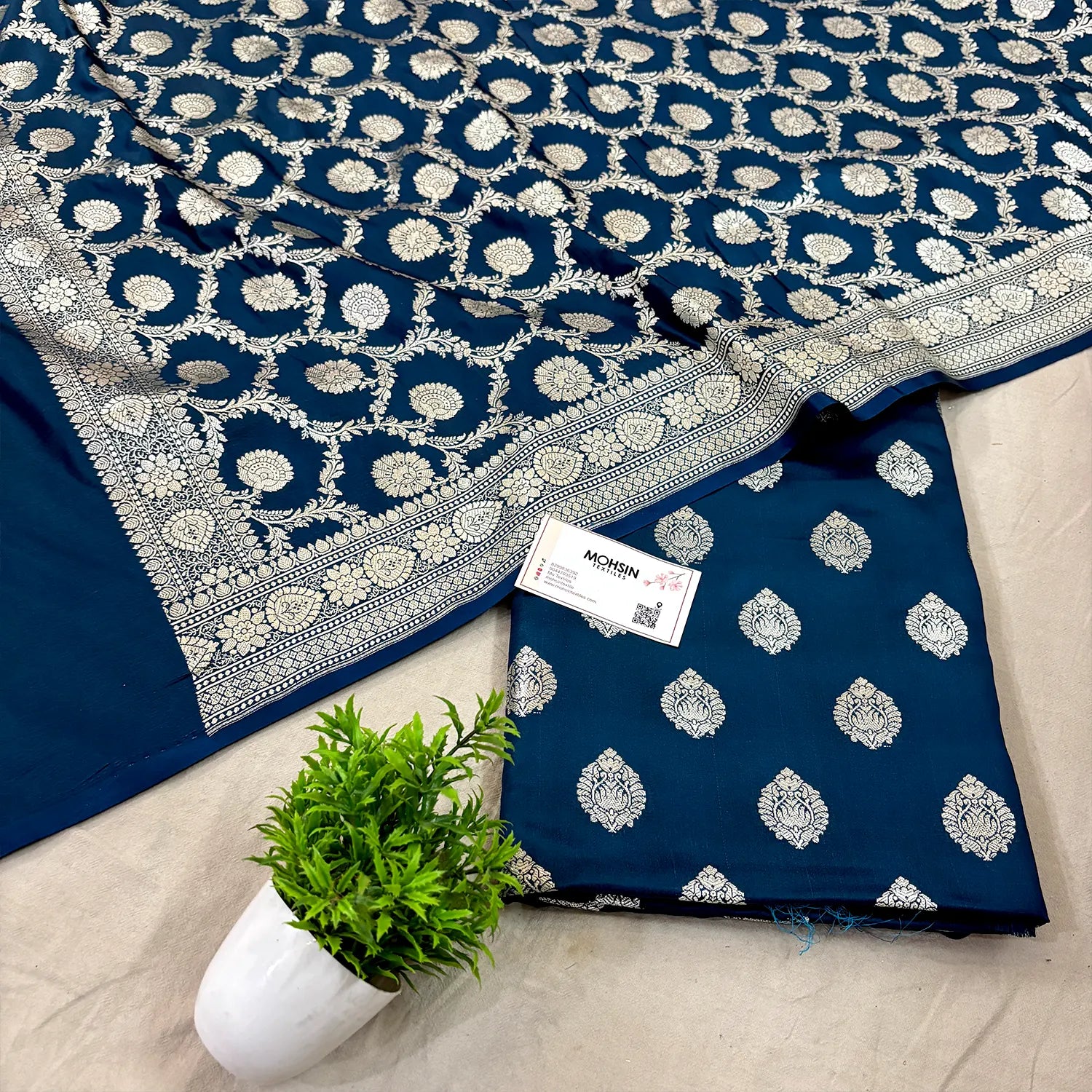 Peacock Blue Golden Zari Katan Silk Banarasi Suit