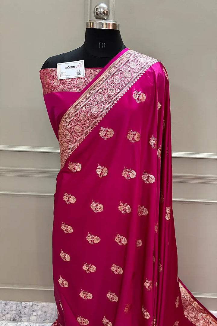 Pink Golden Flower Katan Silk Banarasi Saree