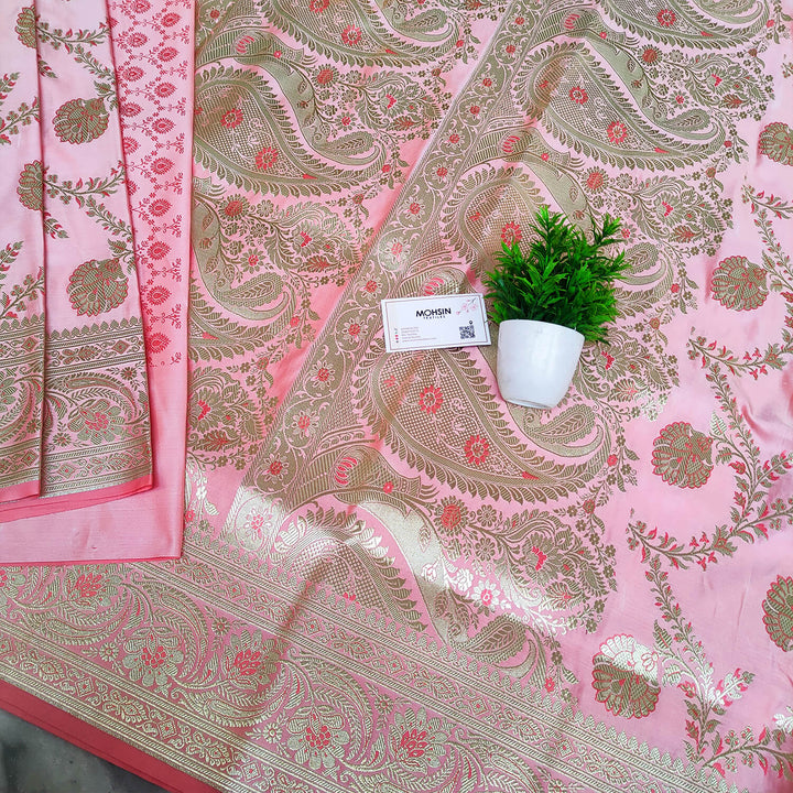 Pink With Meena Handloom Pure Katan Silk Banarasi Saree