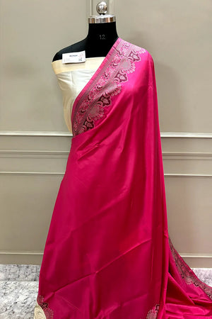 Pink and Beige Plain Resham Silk Banarasi Saree