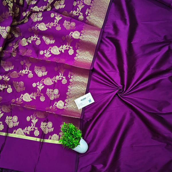 Purple Plain Banarasi Silk Suit With Satin Dupatta