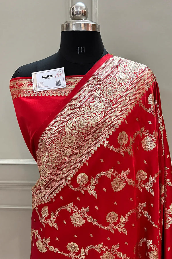 Red Tirchi Daal Katan Silk Banarasi Saree