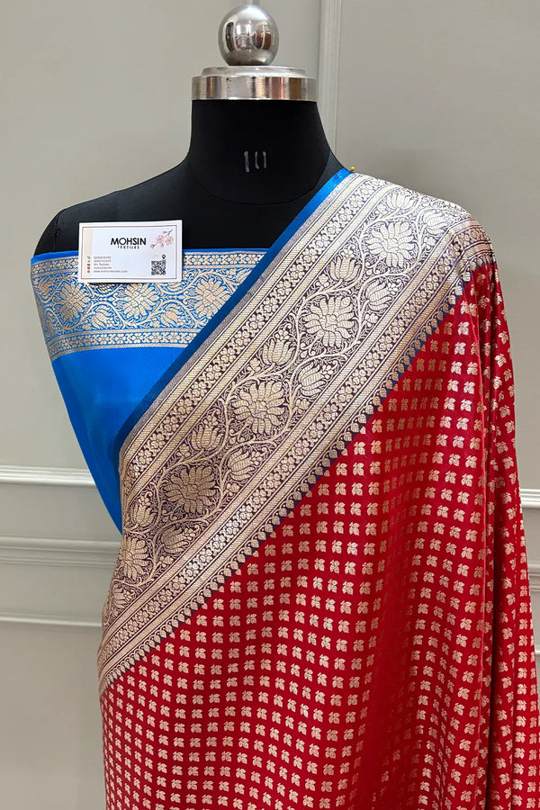 Red and Blue Chidi Buti Katan Silk Banarasi Saree