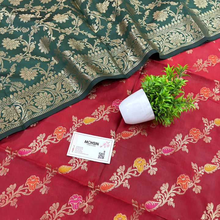 Red and Bottle Green Rang Mahal Satin Silk Banarasi Suit