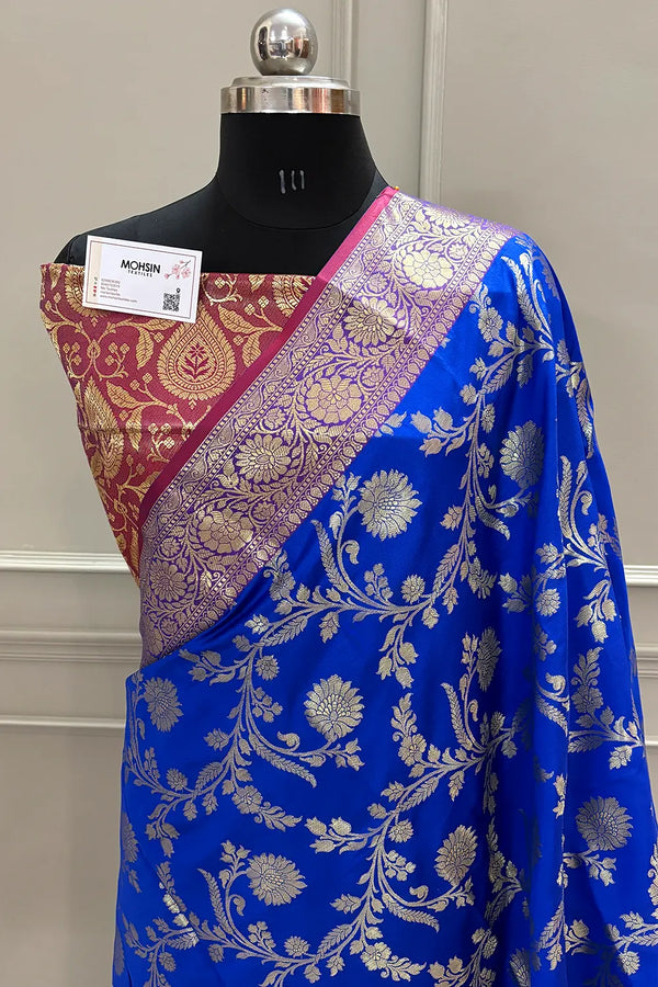 Royal Blue and Maroon Morpankhi Jaal Satin Silk Banarasi Saree