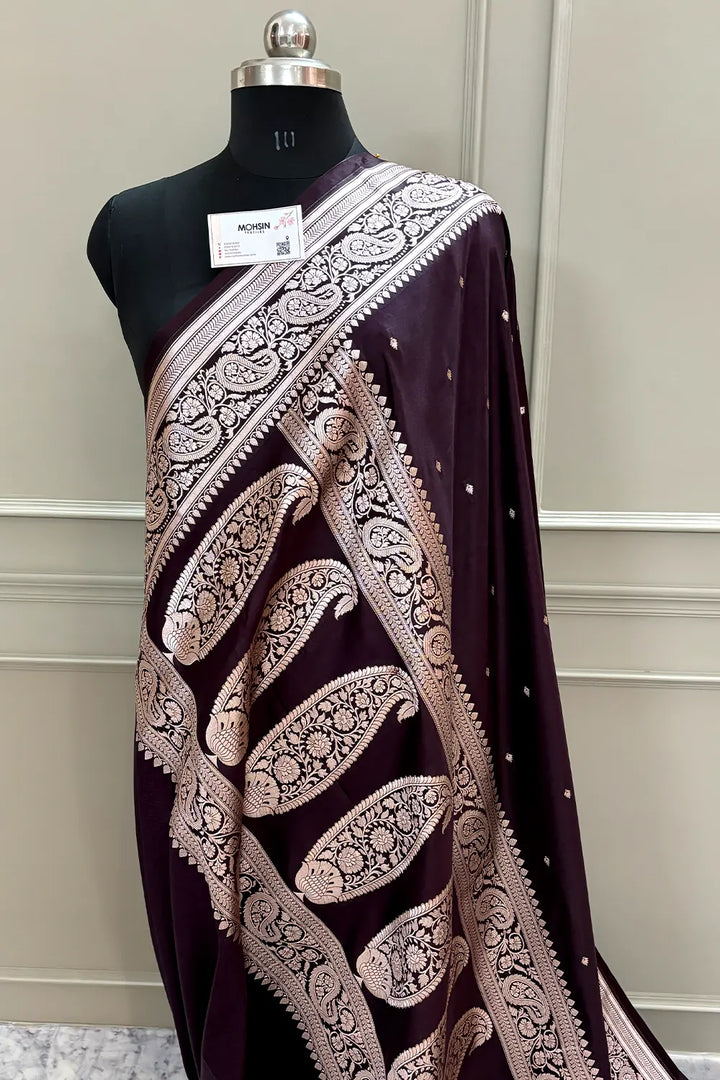 Wine Chitrani Buti Katan Silk Banarasi Saree