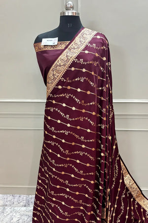 Wine Sunehri Lehar Katan Silk Banarasi Saree