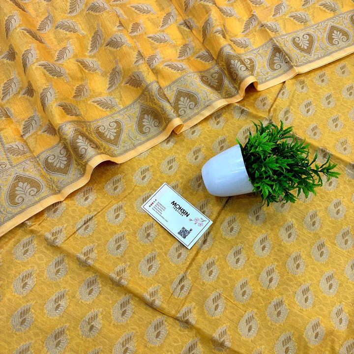 Yellow Pakki Carry Pankh Cotton Silk Banarasi Suit