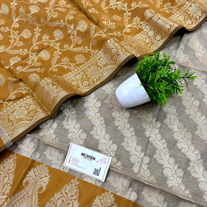 Beige and Mustard Kalgha Laheriya Banarasi Silk Suit