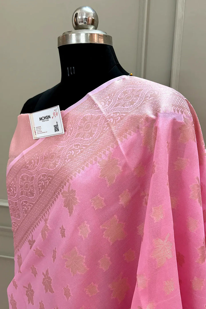 Baby Pink Daab Buti Chanderi Silk Banarasi Saree