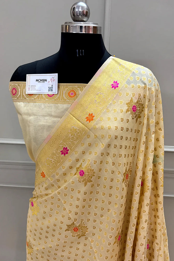 Beige Golden Zari Dola Silk Banarasi Saree