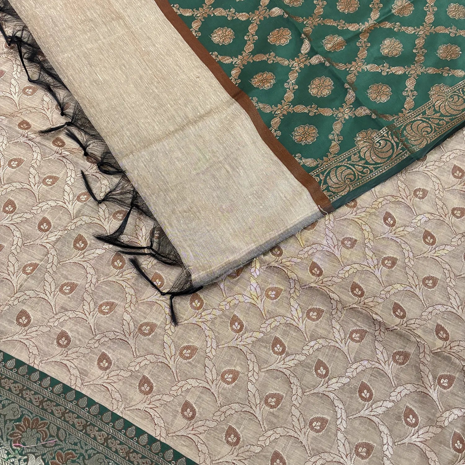 Beige and Bottle Green Patti Jaal Banarasi Silk Suit