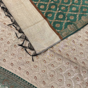 Beige and Bottle Green Patti Jaal Banarasi Silk Suit