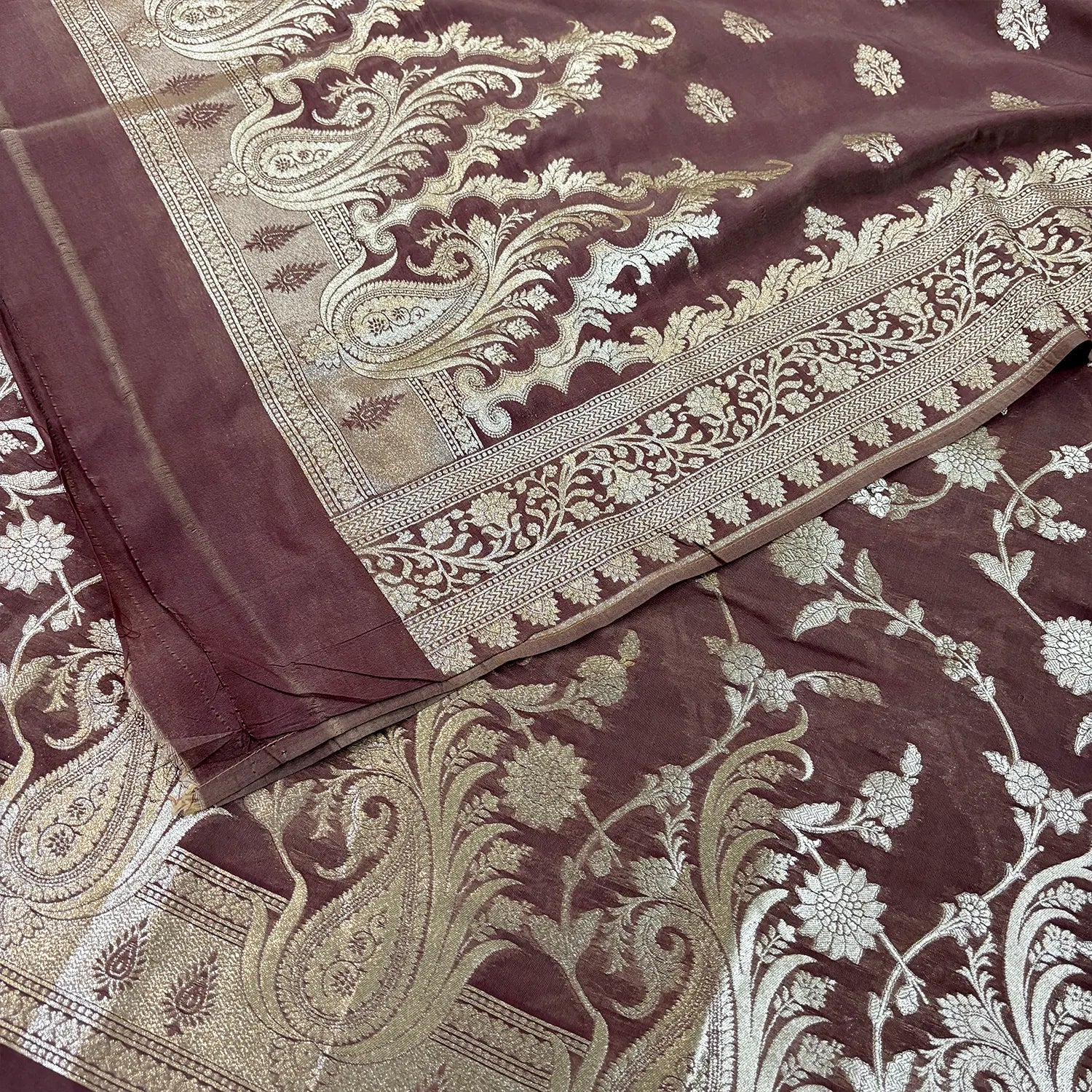 Dusty Peach Golden Zari Katan Silk Banarasi Suit
