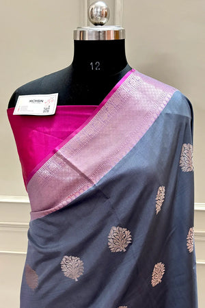 Grey and Pink Golden Zari Banarasi Silk Saree