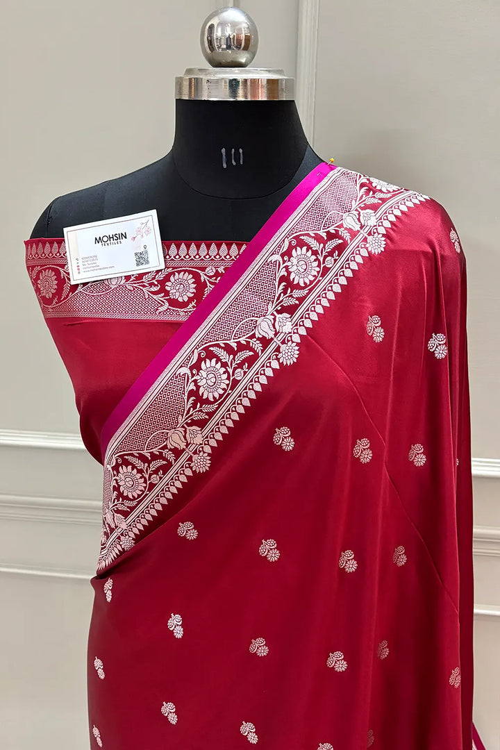 Maroon Babri Buti Katan Silk Banarasi Saree