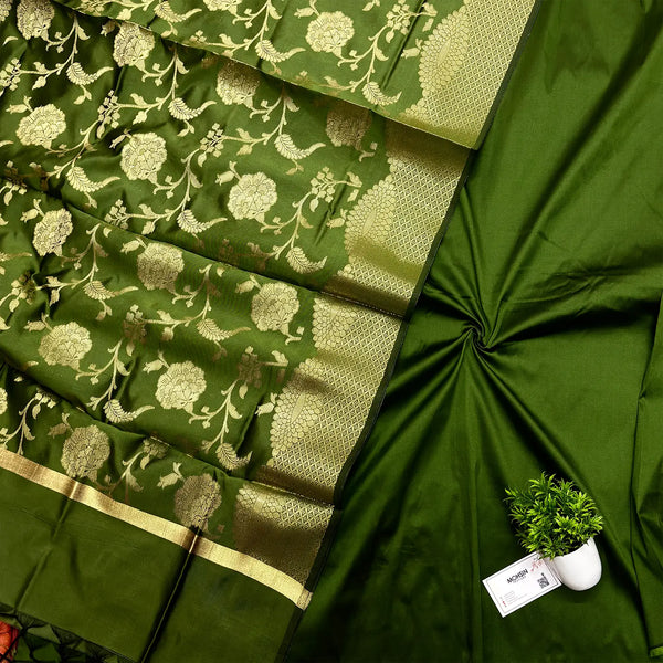 Mehendi Plain Banarasi Silk Suit With Satin Dupatta