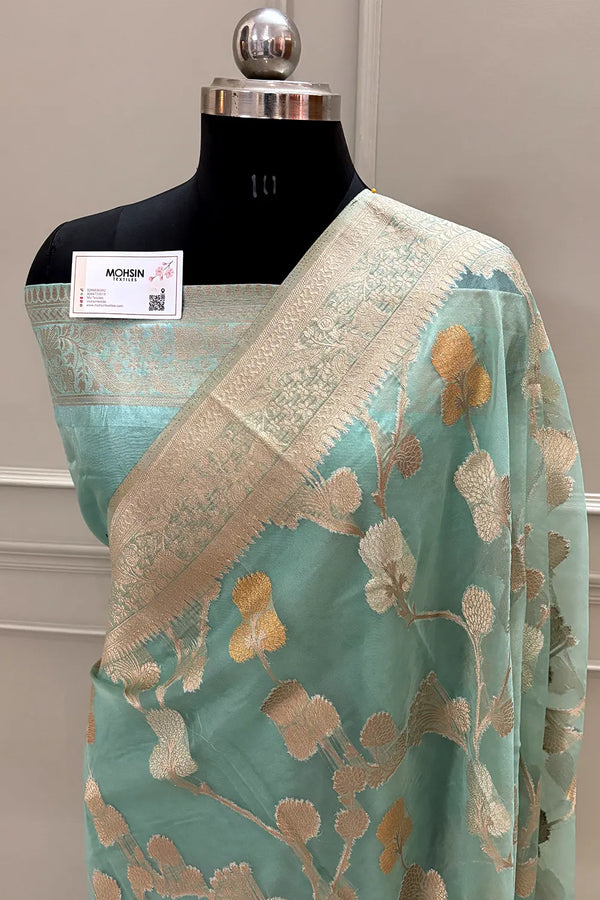 Mint Green Golden Zari Organza Silk Banarasi Saree