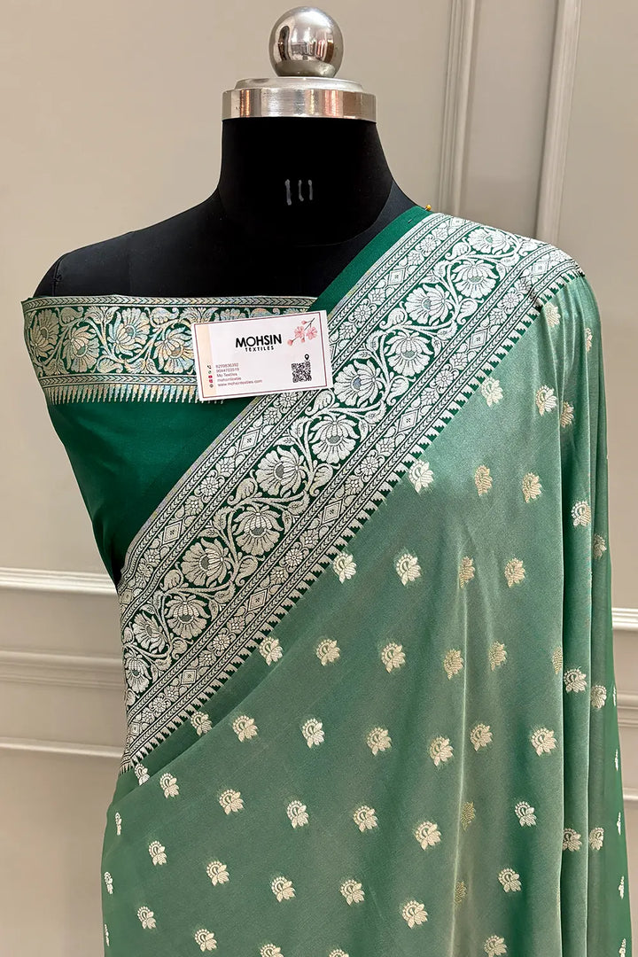 Mint and Bottle Green Ghonga Buti Katan Silk Banarasi Saree