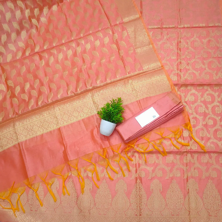 Peach Golden Zari Banarasi Silk Suit