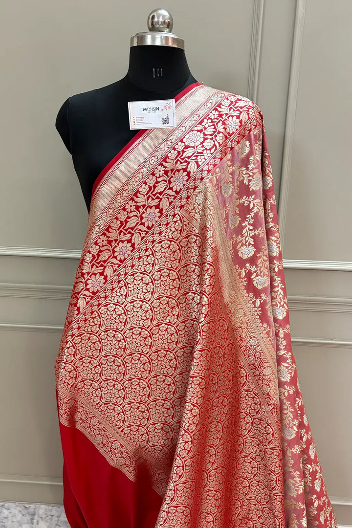 Peach and Red Maharani Jaal Crepe Silk Banarasi Saree