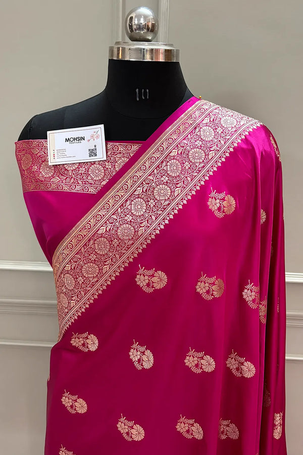 Pink Golden Flower Katan Silk Banarasi Saree