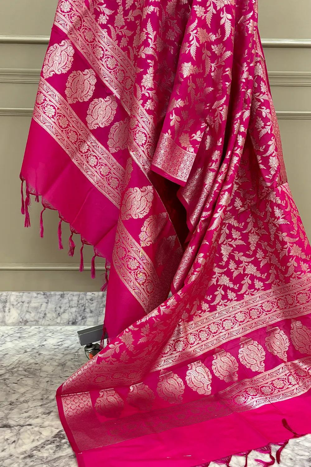 Pink Golden Zari Katan Silk Banarasi Dupatta