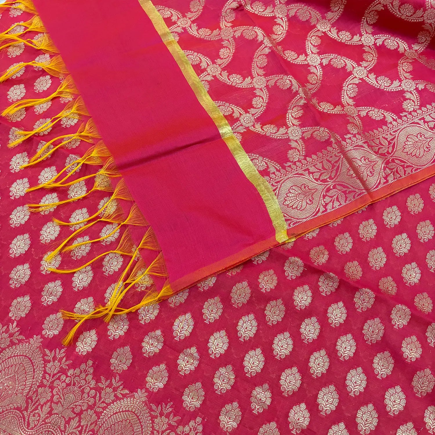 Pink Golden Zari Resham Silk Banarasi Suit
