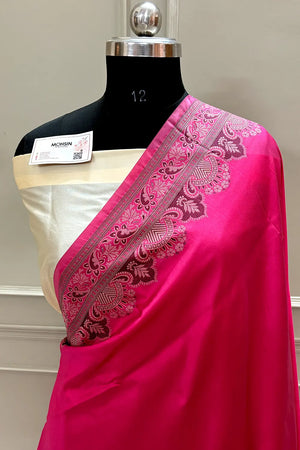 Pink and Beige Plain Resham Silk Banarasi Saree