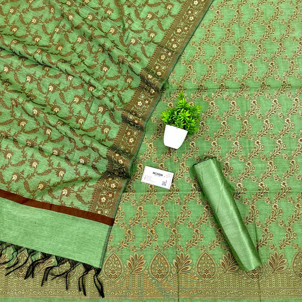 Pista Badami Jaal Banarasi Silk Suit