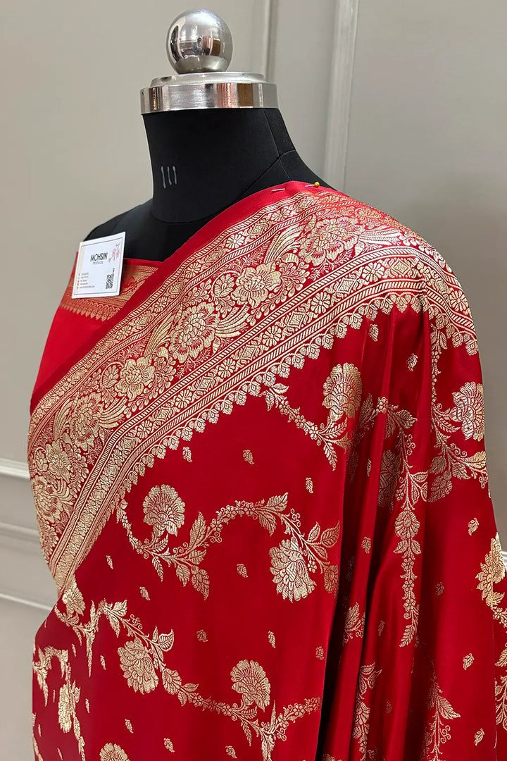 Red Tirchi Daal Katan Silk Banarasi Saree