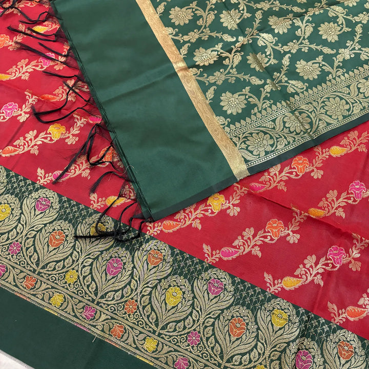 Red and Bottle Green Rang Mahal Satin Silk Banarasi Suit