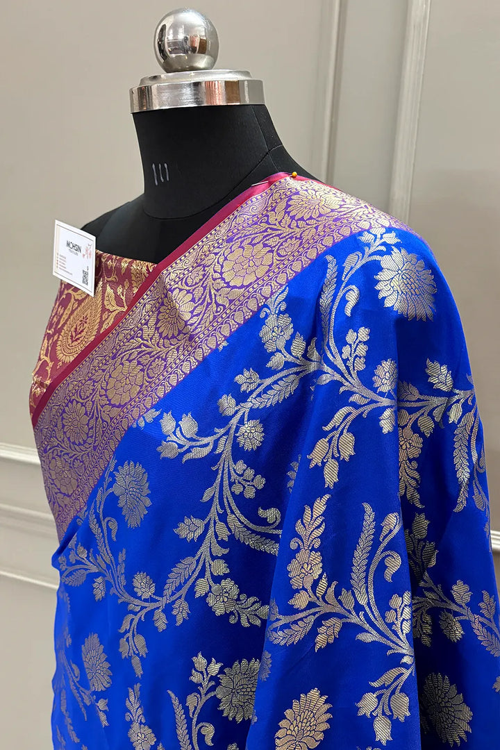 Royal Blue and Maroon Morpankhi Jaal Satin Silk Banarasi Saree