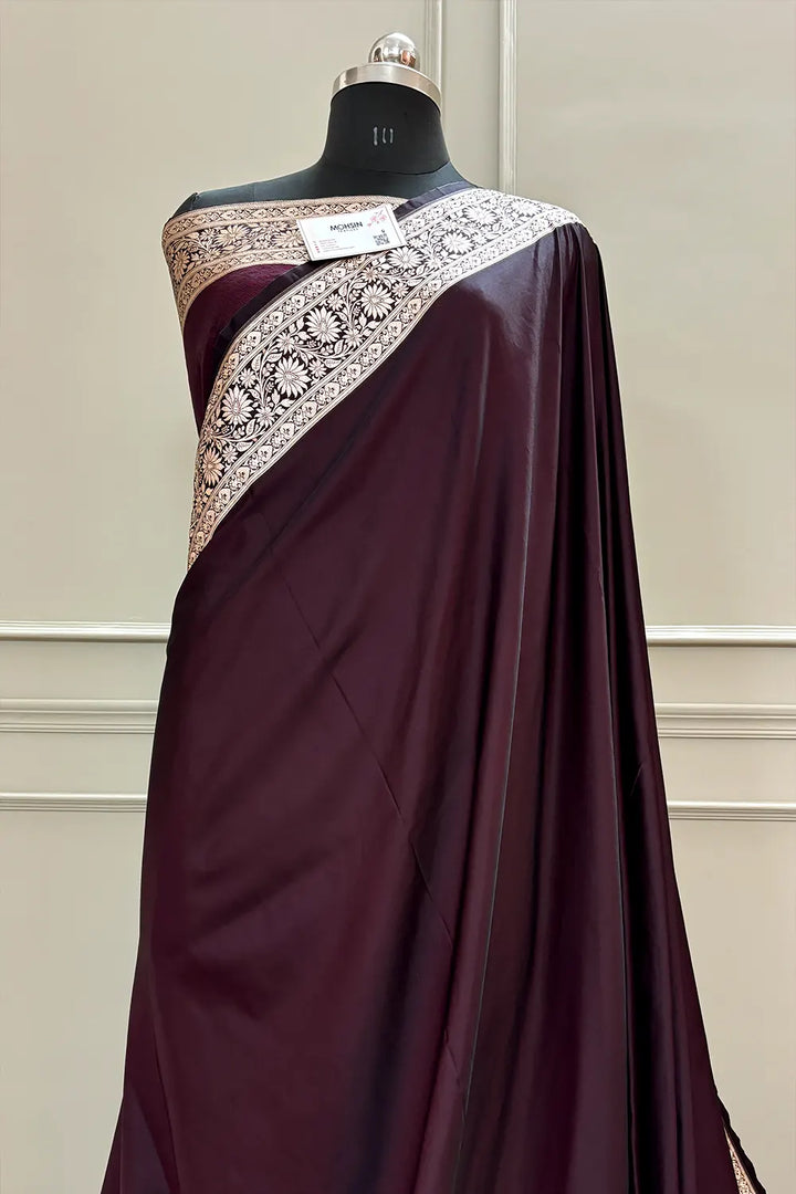 Wine Khandani Plain Katan Silk Banarasi Saree