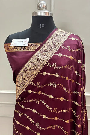 Wine Sunehri Lehar Katan Silk Banarasi Saree