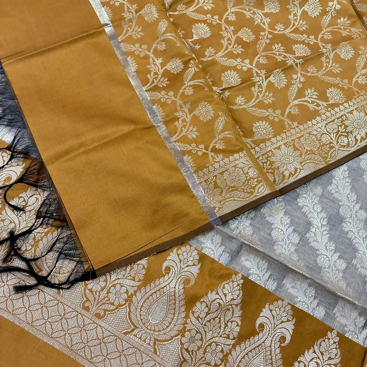 Beige and Mustard Kalgha Laheriya Banarasi Silk Suit