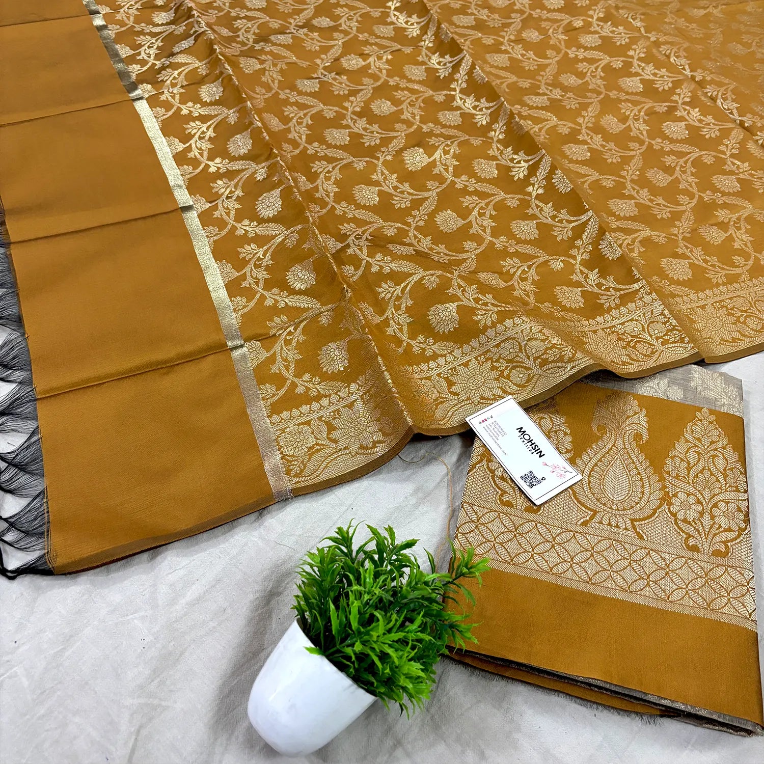 Beige and Mustard Kalgha Laheriya Banarasi Silk Suit