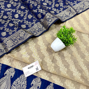 Beige and Navy Blue Kalgha Laheriya Banarasi Silk Suit
