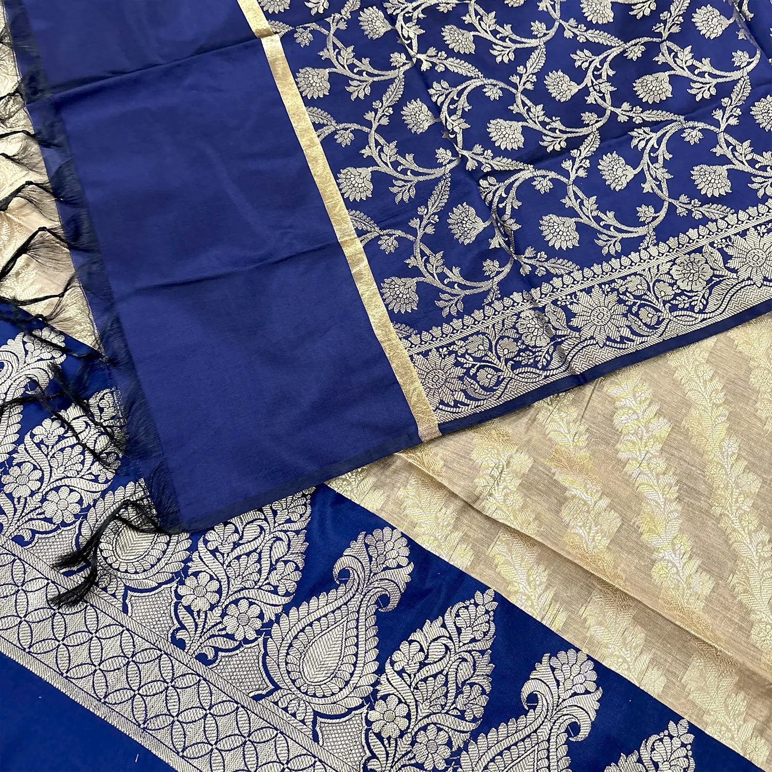 Beige and Navy Blue Kalgha Laheriya Banarasi Silk Suit