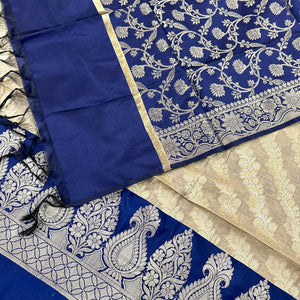 Beige and Navy Blue Kalgha Laheriya Banarasi Silk Suit