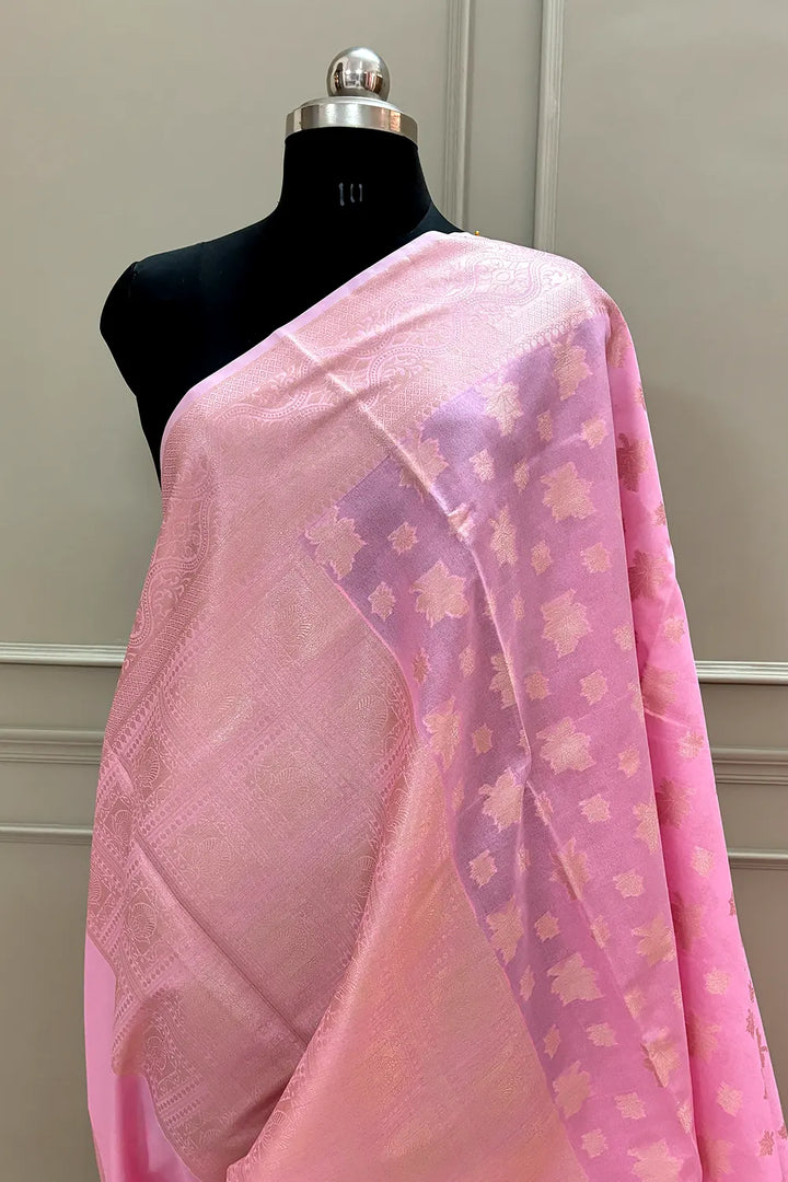 Baby Pink Daab Buti Chanderi Silk Banarasi Saree