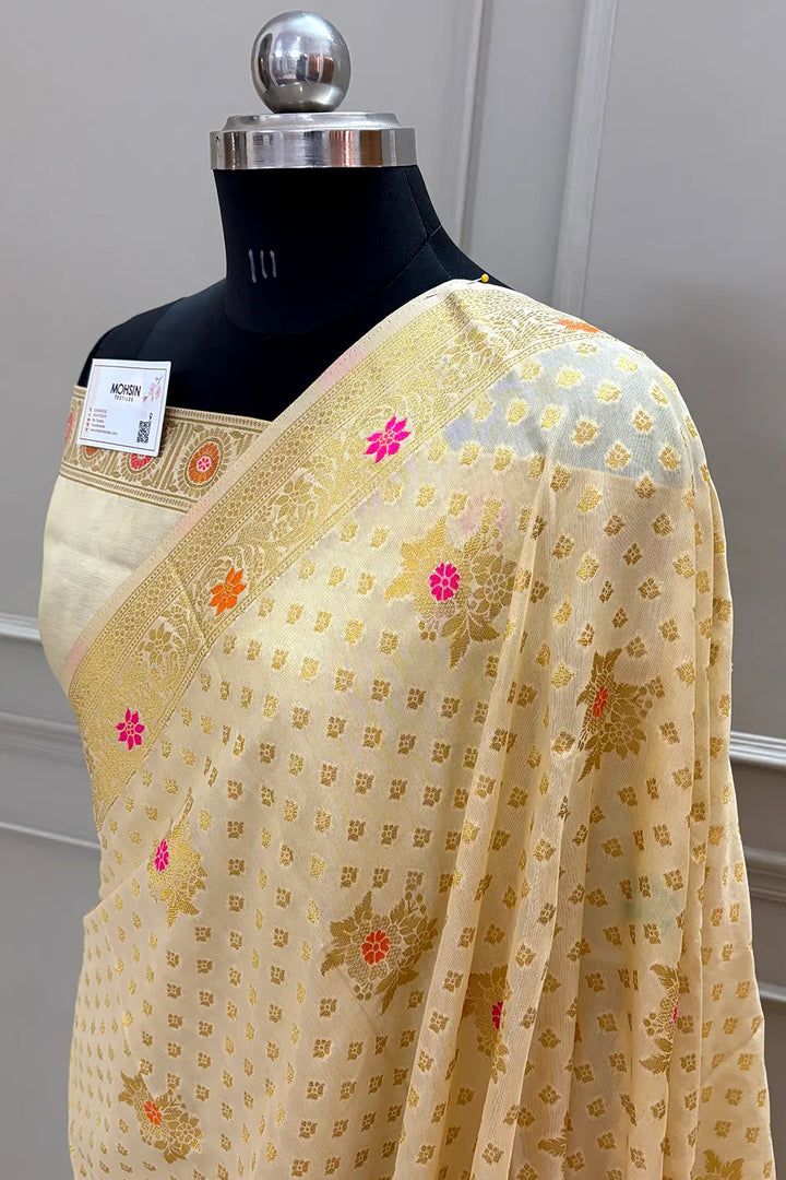 Beige Golden Zari Dola Silk Banarasi Saree