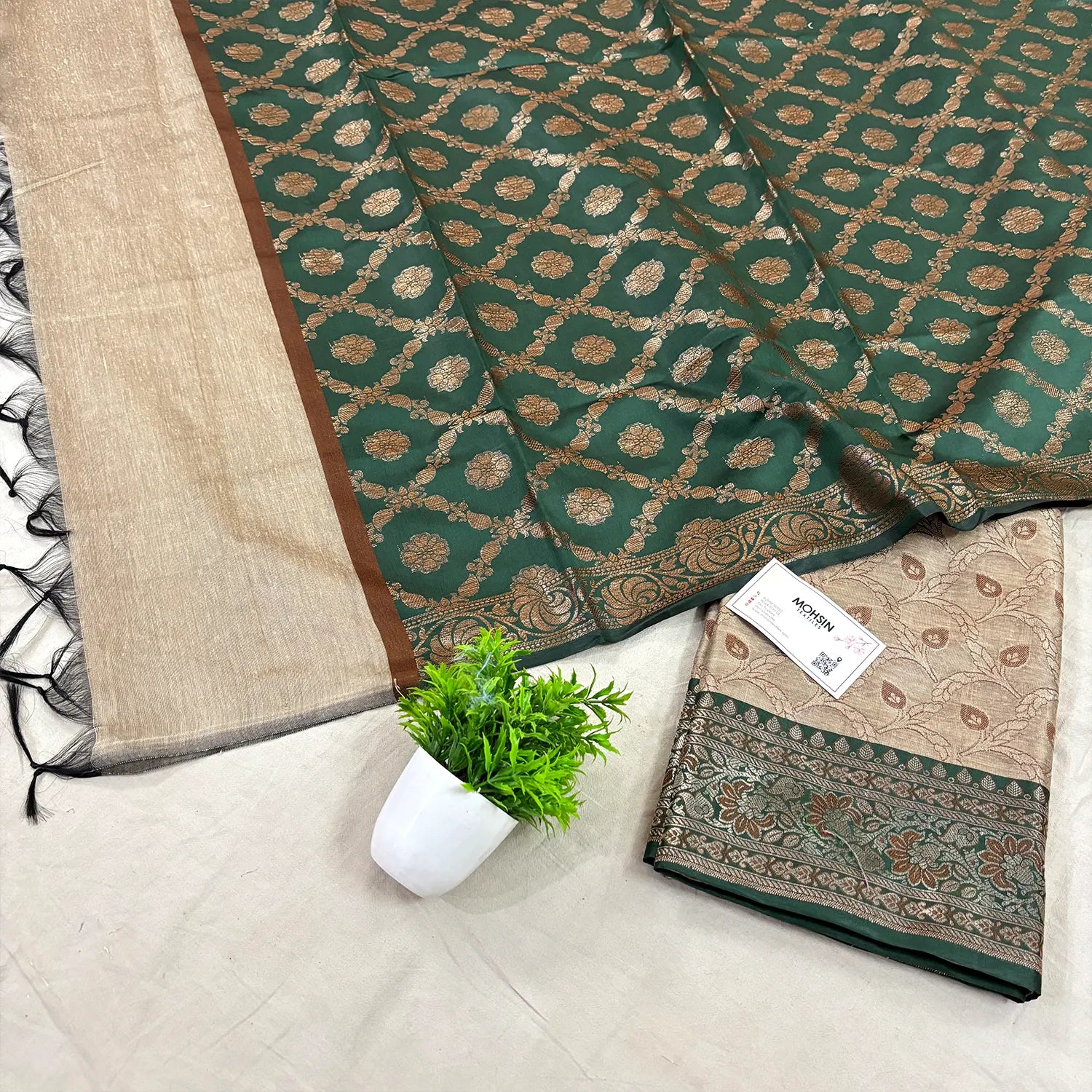 Beige and Bottle Green Patti Jaal Banarasi Silk Suit