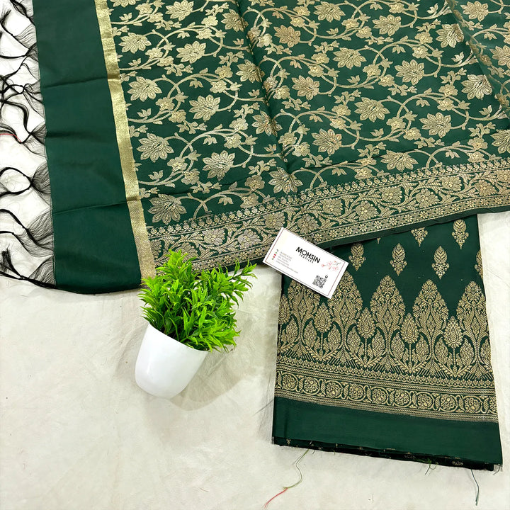 Bottle Green Parvat Buti Satin Silk Banarasi Suit