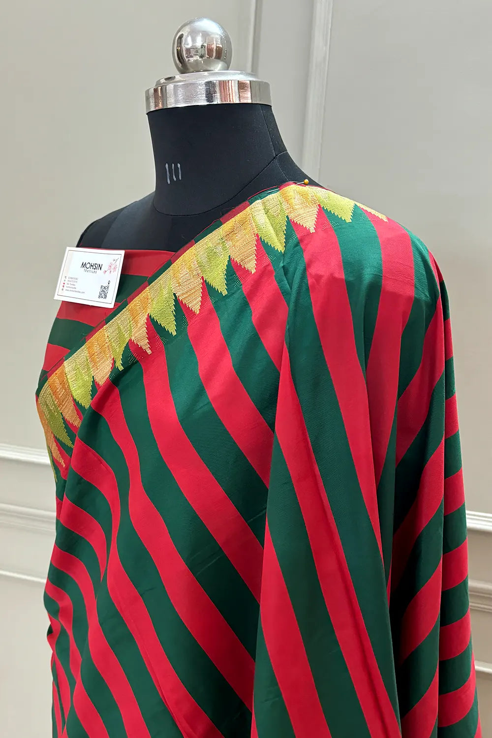 Red and Bottle Green Stripe Satin Banarasi Saree