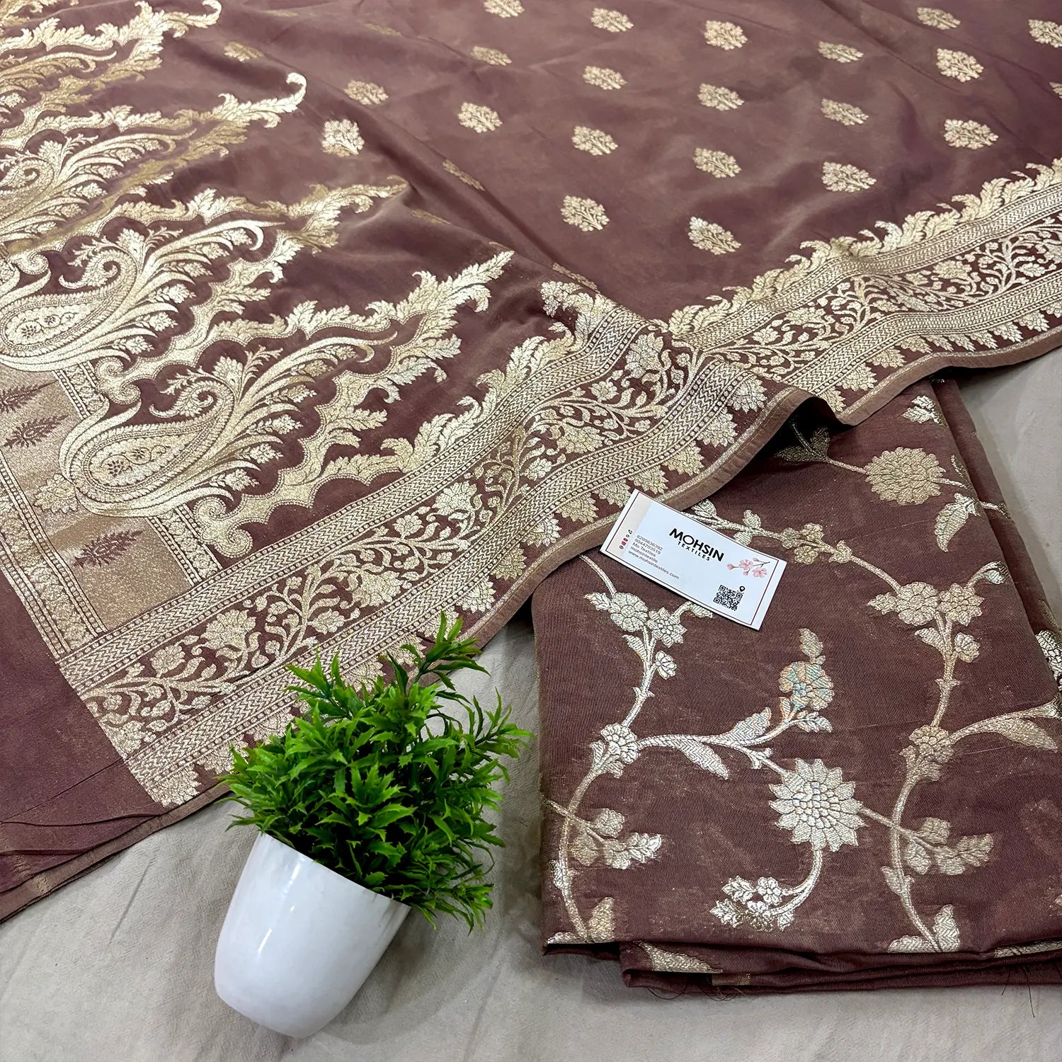 Dusty Peach Golden Zari Katan Silk Banarasi Suit