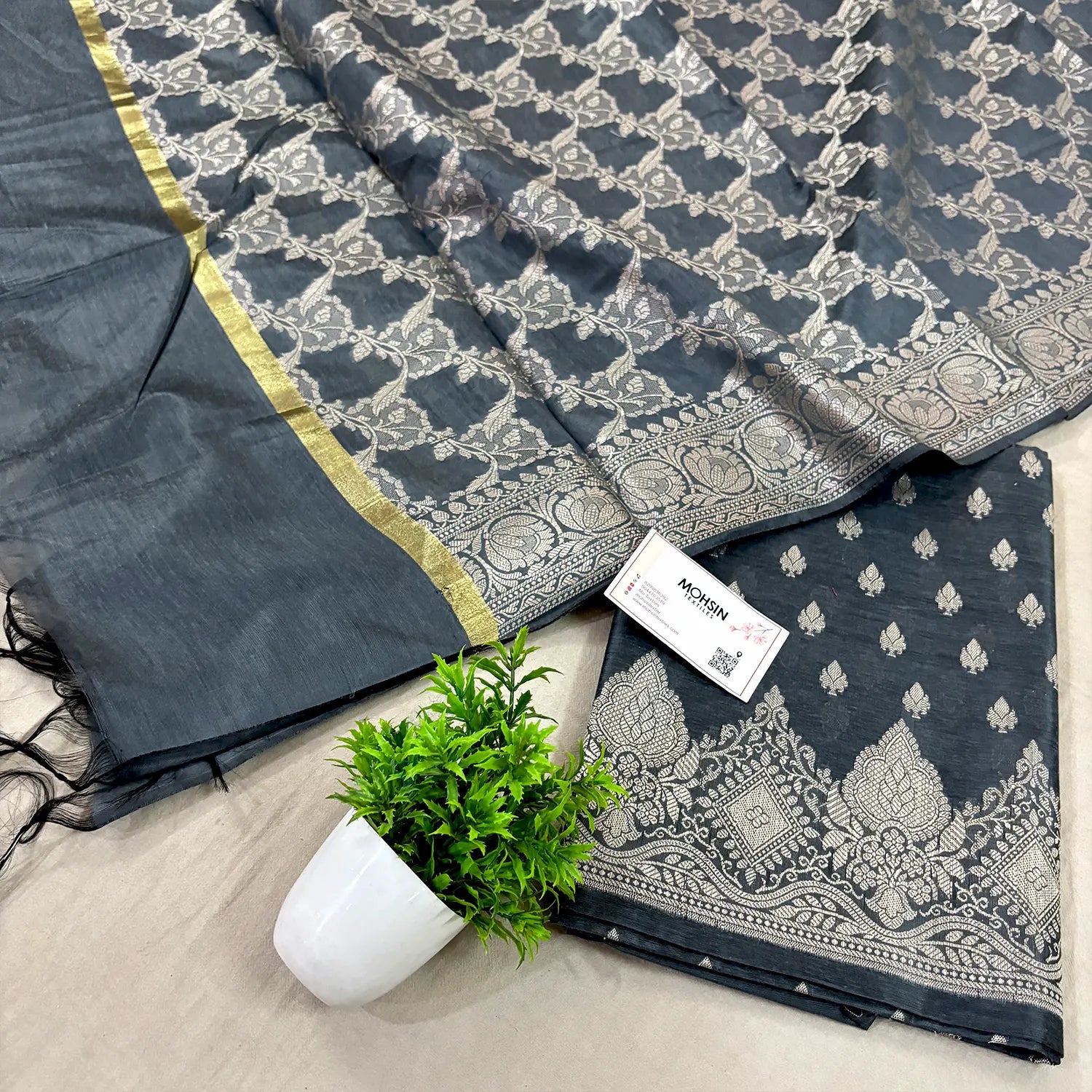 Grey Golden Zari Banarasi Silk Suit