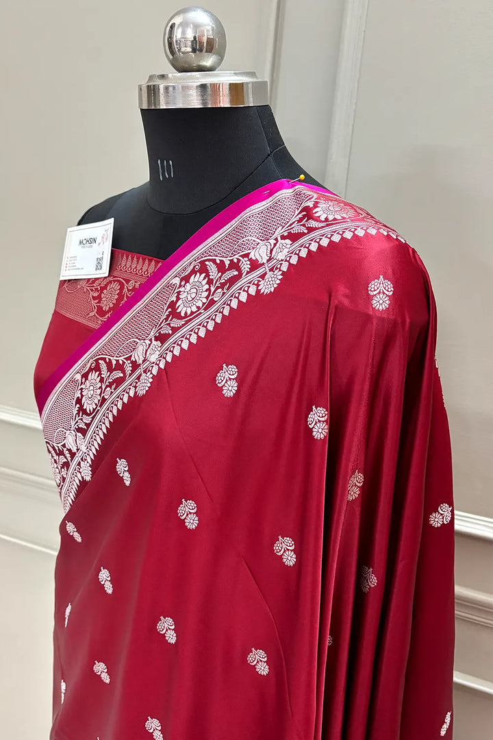 Maroon Babri Buti Katan Silk Banarasi Saree